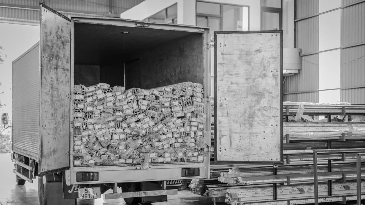 A black-and-white photograph — a truck with its rear doors open in a hall, loaded with bundles of small parts in film, beside racks of metal profile